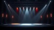 © ad - showbiz. Empty performance stage with dramatic spotlight beams cutting through a dark background, creating an atmospheric space. ESG reports.
