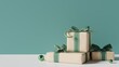 © aanbetta - christmas gift boxes with green ribbon and christmas ornament. 3d rendering