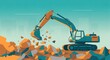 © ThanhLuan - 밝은 색감의 굴삭기, 도시 배경 앞에서 힘차게 돌을 파헤치는 역동적인 모습