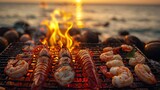 Shrimp and lobster grilling over open fire at sunset by the beach