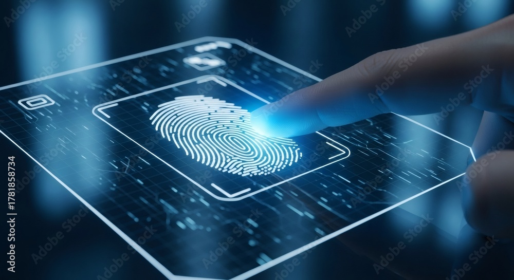 Advanced biometric security concept showing a finger scanning a glowing ...