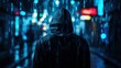 © Obsidian - A hooded figure stands amidst a rain-slicked cityscape, surrounded by a cascade of digital code, evoking a sense of anonymity and technological isolation.