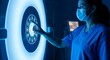 © KM - A medical professional interacts with a futuristic interface in a modern healthcare setting with touchscreen technology