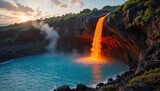 photograph of a dramatic natural formation titled where vibrant orange lava cascades down a cliff face directly into a turquoise pool of water