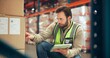 © Lawrenson25/peopleimages.com - Logistics, tablet or man with inventory in warehouse for box inspection, label accuracy or shipping. Supply chain, picker and cargo database for order picking, backlog update and package distribution