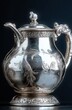 © btiger - Elegant ornate silver teapot with detailed floral engravings and intricate handle against dark background
