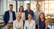 © Inspire Shots Hub - Group of seven smiling people in office attire posing indoors, representing corporate team, collaboration, and workplace diversity, perfect for business concepts