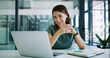 © JordiE/peopleimages.com - Laptop, happy woman or listening to business webinar, virtual training or productivity lecture. Note taking, office or employee with pc for online advice, company optimization or development workshop