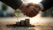 © Prapan - Growing Partnership: Two hands clasped in a handshake with a visual representation of business growth, symbolizing a solid partnership with a sapling rising from coins.