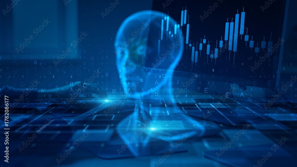 Futuristic Digital World with Holographic Human and Data Graphs in Blue ...