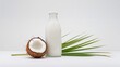 © The 2R Artificiality - Coconut milk and sliced coconut accompanied by palm leaf on a white backdrop, fiber-dense choice