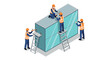 © Santiago - Construction workers installing glass façade in isometric style