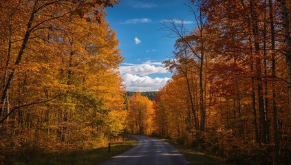  Scenic pathway surrounded by autumn foliage and golden leaves in nature