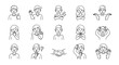 © Lea - Collection of doodle-style line art illustrations featuring diverse characters expressing various nonverbal communication signs and gestures, including thumbs up, waving, crossed arms, shrugging