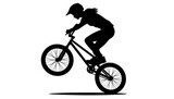Silhouette of a person on a bicycle, performing a stunt with one wheel raised. Person wearing a helmet. Isolated on a white background