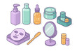 © icon_art - Cosmetic skincare products including bottles, jars, serum dropper, mask, and mirror in isometric perspective