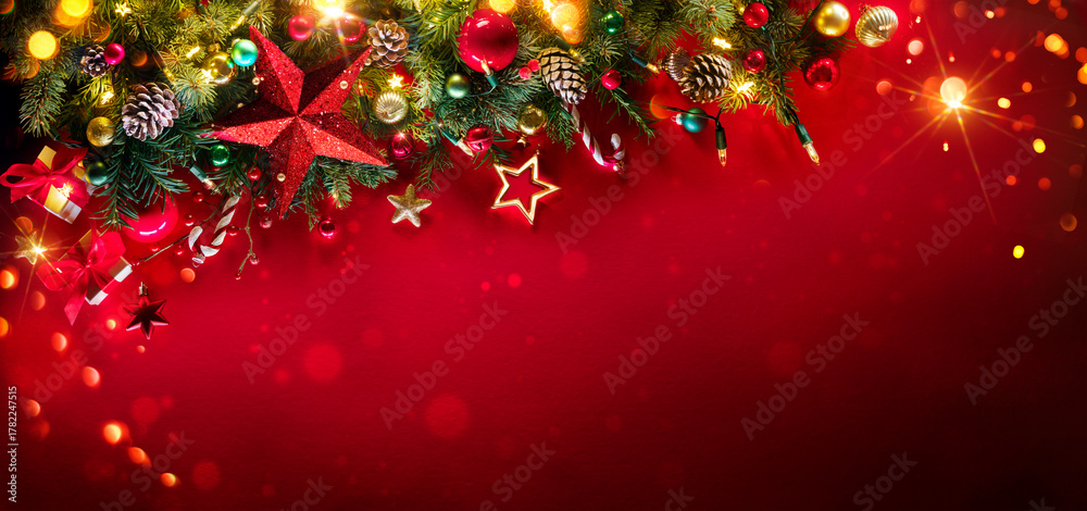 Christmas Red - Fir Branches With Baubles And String Lights In Festive ...
