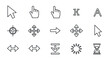 © Rosa - Collection of cursor-related vector icons and symbols, including arrow cursors, hand pointers, move cursors, target reticle, download icon, loading spinner, hourglass, and alphabet letters K and A