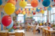 © AS Studio - Brightly colored balloons decorate a cheerful classroom ready for a celebration