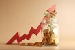 © YOUR - Three dimensional rendering illustrates growing financial investment represented by coins in a jar and an upward trending arrow
