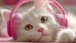 © buraratn - Adorable white kitten with pink headphones relaxing on a pink surface, captivating eyes, a charming living environment, perfect for pet lovers and music enthusiasts