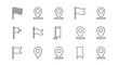 © Janice - Set of simple outline vector illustrations featuring checkered flags, location markers, waving pennants, and bookmark icons. These minimalist signs are perfect for web, map applications, and graphic