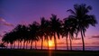 © Giovanni - Sunset hues behind a line of tall palm silhouettes in a tropical scene at dusk.