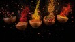 © Seyyar - Colorful spices and peppers in wooden bowls against a black backdrop, dynamic powder splash, culinary creativity