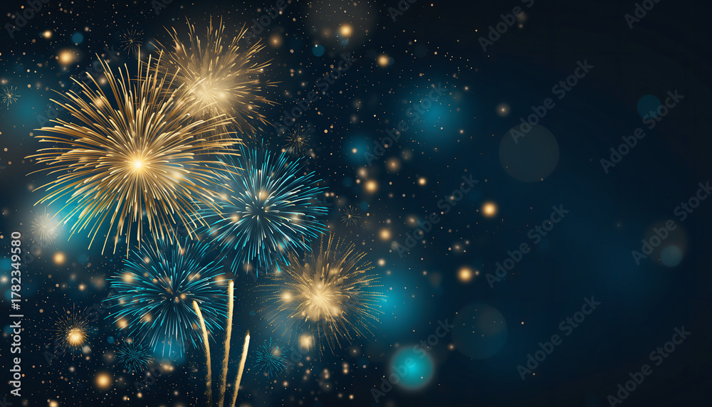 Gold and blue Fireworks and bokeh in New Year eve and copy space ...