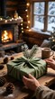 © Борис Петляков - Cozy winter gift wrapping with green fabric and pine branches near fireplace