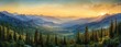 © zong - Sunset over a vast mountainous landscape with dense evergreen forests and misty valleys illuminated by warm golden light