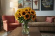 © vxnaghiyev - Bright yellow sunflowers placed on a table amidst cozy seating in a modern living room with lighting and wall art. Authentic photograph.