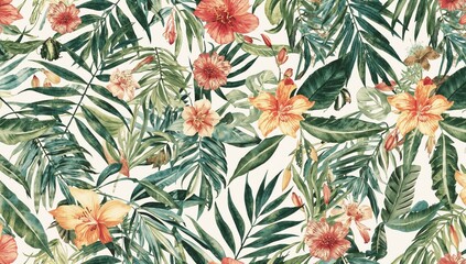 Naklejka na meble Seamless tropical 2D illustration featuring exotic flowers and palm leaves, suitable for editorial header background
