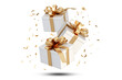 © Buffstock - White gift boxes with golden ribbon flying isolated on transparent