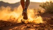 © Zona - Close-up of legs running on a dirt path, kicking up dust; setting sun in background