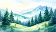 © The Masterplan Std. - Watercolor painting of a serene mountain forest landscape with evergreen trees.