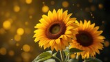 Radiant sunflowers bathed in warm light, showcasing vibrant petals and intricate details against a dark, bokeh filled background