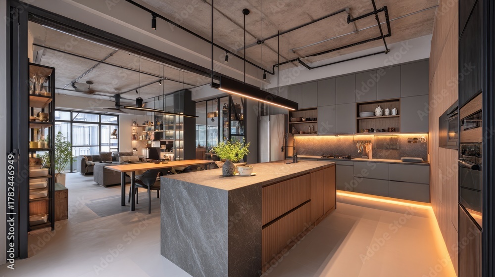 Contemporary open plan living space features an industrial style ...