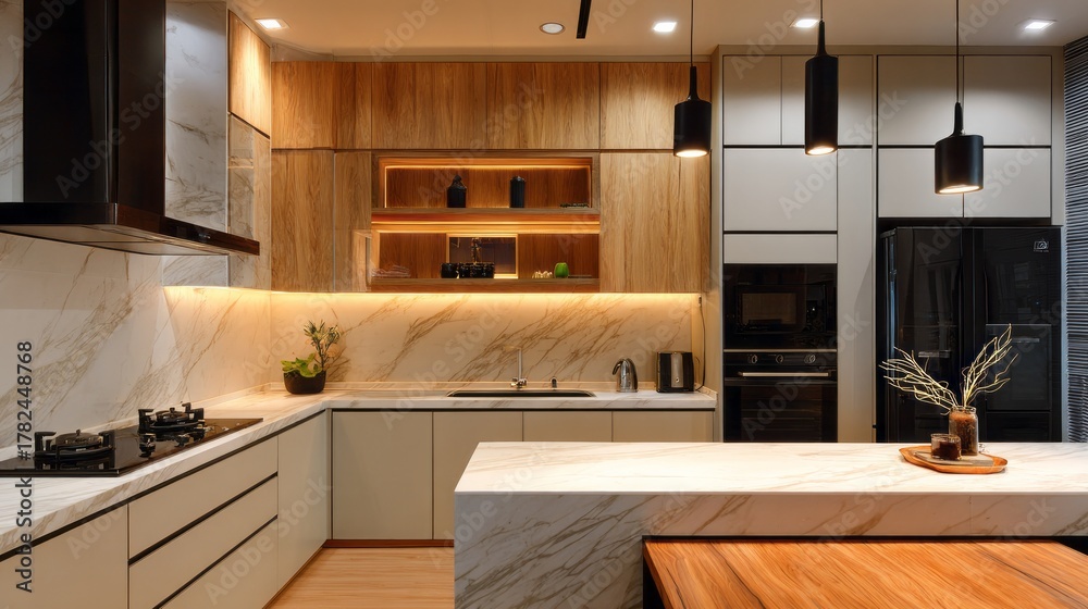Contemporary kitchen interior design features marble countertops and ...
