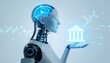 © photostockatinat - An intelligent robot with a glowing brain and bank icon, symbolizing futuristic financial technology. The robot, a symbol of artificial intelligence, holds a bank icon.