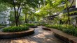 © Newleks - Modern urban park with curved wooden benches and decking amid lush foliage and clean pathways, offering a tranquil, sustainable green space for city relaxation and design
