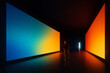 © Lustre Art Group  - Creative graphic artwork. Man in futuristic gallery with glowing blue and orange light walls. Concept of modern architecture, AI creativity, future digital design, and immersive visual experience.
