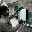 © VITALII - Technician installing an EV charging station on a residential brick wall. Space for text.
