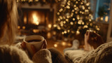 Cozy living room scene with a woman enjoying hot chocolate and a man decorating the Christmas tree by the fireplace