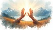 © miss irine - Hands reaching up towards bright sun over mountain lake. Person in grassy field feels hope. Scenic landscape shows peaceful faith, nature beauty and divine grace.