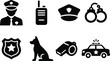 © Albert - Law Enforcement Icon Set, police icon set, black silhouette police, officer and badge icons, handcuff and whistle, patrol car,security service icons, police dog icons, law and order icon, Law graphics