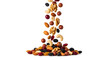 © MdRiyad - A dynamic studio shot of various nuts and dried fruits, including cashews, almonds, hazelnuts, walnuts, raisins, and cranberries, captured in a falling motion against a white background.