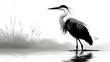 © Ghulam - Black and white vector of a heron standing in water, drawn in tall elegant form over pure white background. Represents patience and balance. Perfect for meditation visuals and calm nature art.