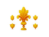 Golden fleur de lis symbol with ornate floral design, elegant and classic, isolated on transparent background, often used in heraldry, royalty, and decorative art