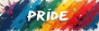 © Pete - Artistic illustration of Pride word typography on vibrant colorful background. Rainbow flag colors with paint brush strokes, splatters. Wide banner for LGBTQ community celebration, gay rights,